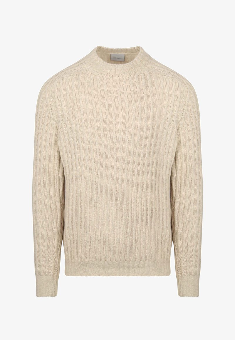 Crème kleurige geribbelde gebreide trui met een ronde hals, lange mouwen en een gestructureerd patroon. Gemaakt van een organisch katoenmix voor een zachte touch.