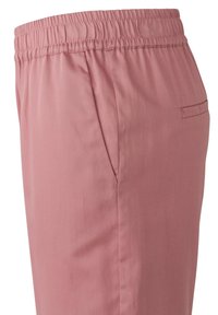 Rosa Hose mit elastischem Bund und seitlicher Tasche, glatte Stofftextur und gerades Bein-Design, das minimalistische Nähte und klare Linien präsentiert.