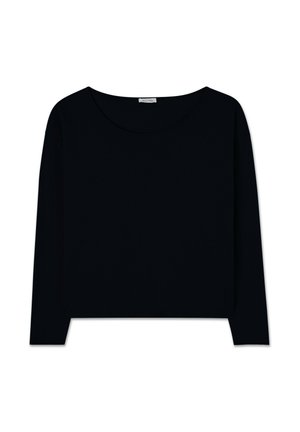 Long-sleeve top in solid black, made of soft fabric. Features a wide neckline and a cropped design, with a smooth texture and no visible patterns.