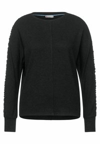 Czarny sweter z okrągłym dekoltem, długimi rękawami z teksturowanym, prążkowanym wykończeniem oraz luźnym krojem. Miękki materiał dzianinowy.