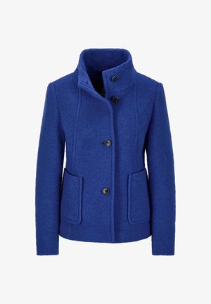 Kurze blaue Jacke aus Wollmischung mit Stehkragen, zwei Vorderaschen und Knopfverschluss. Strukturierter Stoff und taillierte Passform.