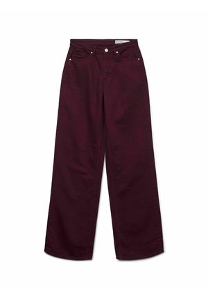 Burgundi värvi laiad teksad, mis on valmistatud puuvillast, kõrgema vöökohtadega, viis taskut ja metallist detailid. Sil smooth tekstuur ja ühtlane värv.