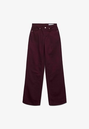 Jeans a gamba larga bordeaux in cotone, con vita alta, cinque tasche e accessori in metallo. Tessuto liscio di colore uniforme.