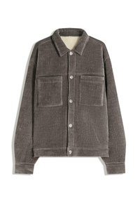 Szara kurtka koszulowa z sztruksu z miękką wewnętrzną podszewką, wyposażona w dwie przednie kieszenie oraz zatrzaski, o luźnym kroju.