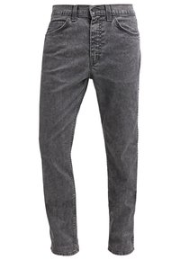 Tmavě šedé džíny z denimu s rovnými nohavicemi, pěti kapsami a zapínáním na kovový knoflík. Jemná textura a minimální vyblednutí.