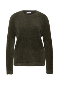 Maglione lungo verde scuro a maniche lunghe realizzato in tessuto soffice, con scollo rotondo e polsini a costine, caratterizzato da una vestibilità comoda e senza motivi visibili.