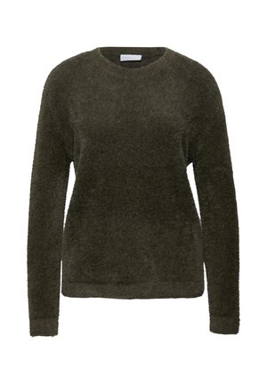 Mørkegrøn, langærmet sweater lavet af fluffy stof med rund halsudskæring og ribbede manchetter, der har en afslappet pasform og ingen synlige mønstre.