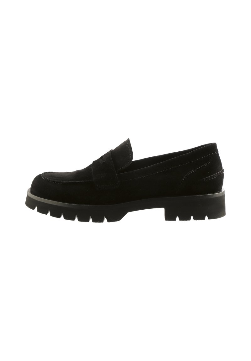 Black suede loafers with a rounded toe, a decorative strap, and a chunky, textured rubber sole. Side stitching detail adds dimension.