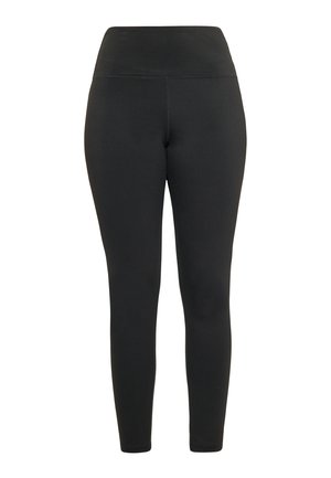 Leggings negros de tela elástica, con una cinturilla alta y un diseño ajustado y elegante, con costuras planas y sin patrones visibles.