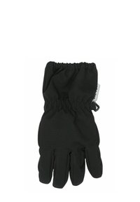 Mănuși negre cu încheietură strânsă, confecționate dintr-un material moale și elastic. Design cu cinci degete, cu o textură netedă și detalii subtile de cusătură.