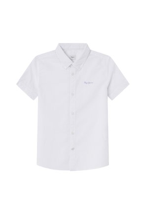 Biała bawełniana koszula z krótkim rękawem, kołnierzykiem zapinanym na guziki oraz jasno-niebieskim haftowanym logo na lewej piersi. Klasyczny krój i gładka faktura.