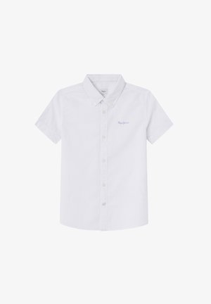 Biała bawełniana koszula z krótkim rękawem, kołnierzykiem zapinanym na guziki oraz jasno-niebieskim haftowanym logo na lewej piersi. Klasyczny krój i gładka faktura.