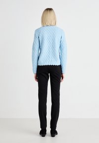 Light blue knitted sweater with a scalloped hem and textured pattern, paired with black tailored pants. The outfit is presented from the back.