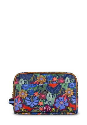 Cosmetica tas met een bloemenpatroon in levendige kleuren op een marineblauwe achtergrond, met een tan rits en een zijhandvat voor gemakkelijk dragen.