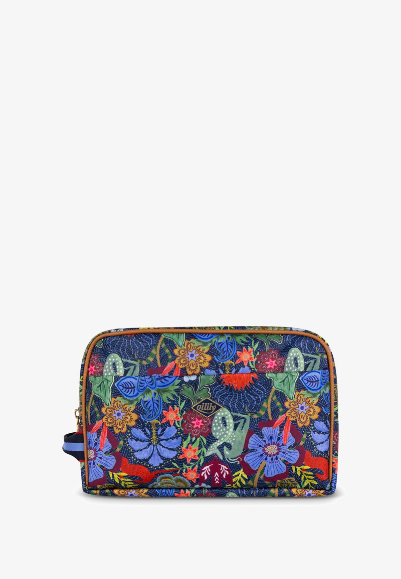 Cosmetica tas met een bloemenpatroon in levendige kleuren op een marineblauwe achtergrond, met een tan rits en een zijhandvat voor gemakkelijk dragen.