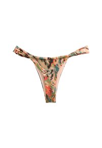 Kolorowe majtki od bikini z wiązaniem z obu stron. Materiał ma mieszankę koralowych, turkusowych i czarnych abstrakcyjnych wzorów.