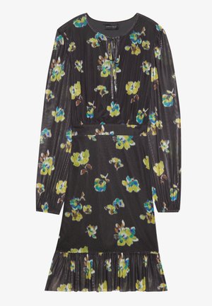 Floral dress featuring a black background with yellow and blue flowers, long sleeves, elastic waist, and a ruffled hem. Textured fabric.