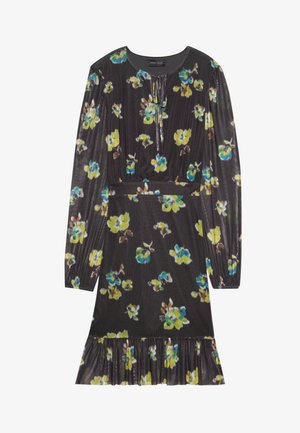 Robe florale avec un fond noir et des fleurs jaunes et bleues, manches longues, taille élastique et ourlet froncé. Tissu texturé.