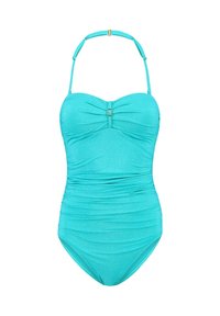 Bañador de una sola pieza en color turquesa con un diseño fruncido, tirantes ajustables y un detalle decorativo dorado en el busto. Textura de tela brillante.