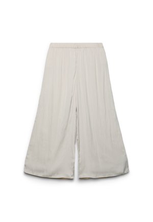 Pantaloni beige chiaro a gamba larga con vita elasticizzata, realizzati in tessuto morbido e fluente, mostrati distesi su sfondo bianco.