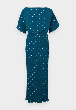 Robe maxi bleu sarcelle avec texture plissée, manches larges et taille élastique. Présente un motif dispersé de points blancs, dorés et argentés.