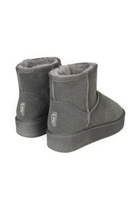 Botas de tobillo de color gris carbón, hechas de suave ante, con un forro interior esponjoso, punta redondeada y suela de goma con un parche de logo en la parte trasera.