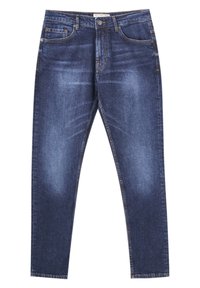 Jean slim bleu foncé avec bouton à l'avant, fermeture éclair et design à cinq poches, étalé à plat sur un fond blanc.