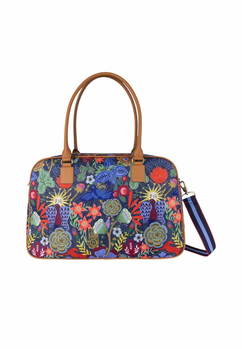 Multikleurige bloemenhandtas met tan leren handvatten en accenten. Bevat een levendig geborduurd ontwerp en een afneembare gestreepte schouderband.