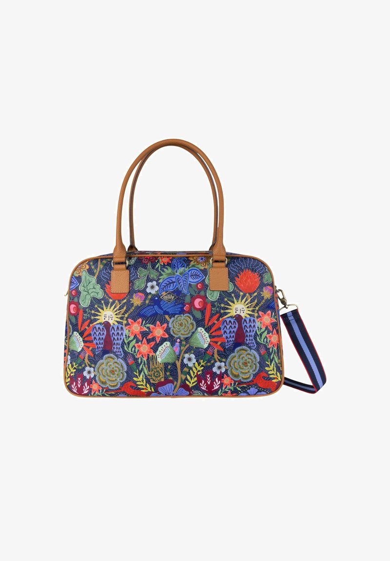 Multikleurige bloemenhandtas met tan leren handvatten en accenten. Bevat een levendig geborduurd ontwerp en een afneembare gestreepte schouderband.