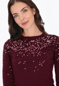 Pull bordeaux avec un design en côtes, orné de sequins dans des nuances variées de rose et de noir, créant un effet de dégradé.