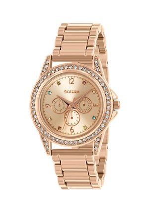 Orologio da polso in oro rosa con lunetta tempestata di cristalli, bracciale a maglie e tre sottoquadranti sul quadrante lucido color oro con piccoli indicatori colorati.