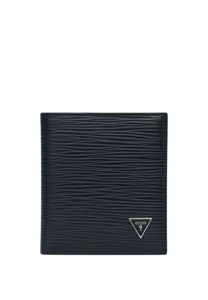 Portafoglio in pelle nera strutturata con un piccolo logo triangolare argento nell'angolo in basso a destra.