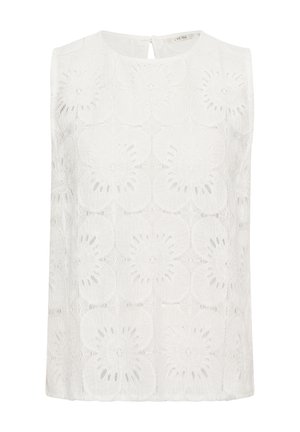 Haut sans manches blanc avec broderies florales, motif texturé, col rond et fermeture en goutte d'eau au dos. Fabriqué à partir d'un tissu léger.