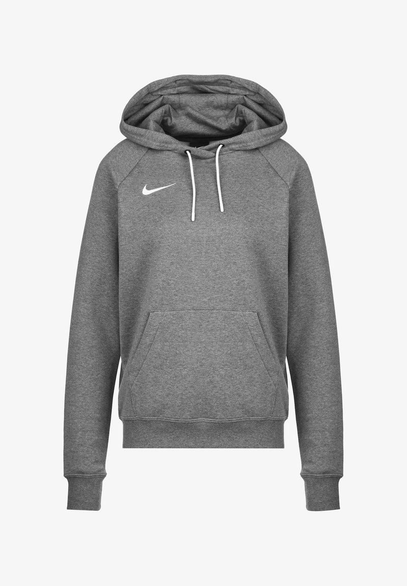 Sweat à capuche Nike gris à manches longues avec cordons blancs, poche kangourou à l’avant et logo Nike blanc sur la poitrine gauche.