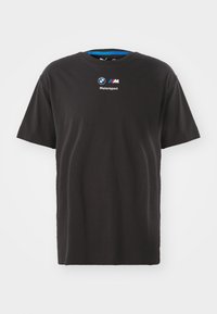 Czarna bawełniana koszulka z krótkim rękawem, z okrągłym dekoltem i nadrukowanym logo BMW Motorsport na przodzie.