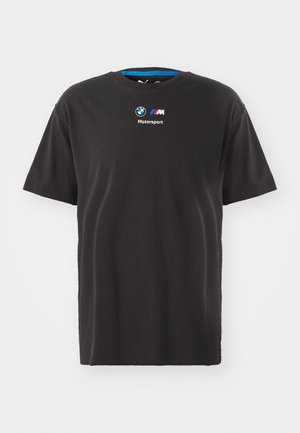 Black cotton t-shirt with short sleeves, featuring a round neck and printed BMW Motorsport logo on the front.