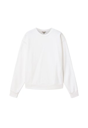 Sweat-shirt blanc uni à manches longues avec col rond, poignets et ourlet côtelés, présenté sur un fond blanc.