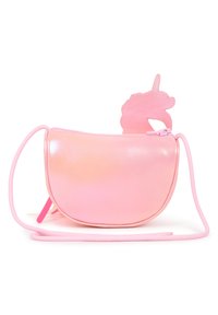 Μεταλλική ροζ τσάντα χειρός με στρογγυλεμένο σχήμα, που διαθέτει σχέδιο μονόκερου στην κορυφή, συμπληρωμένη με λεπτό ροζ λουράκι. Κλείνει με φερμουάρ.