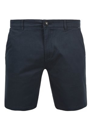 Navy blauwe katoenen shorts met een rechte voorkant, knoopsluiting en riemlussen. Voorzien van zijzakken en een rechte snit met omgezoomde randen.