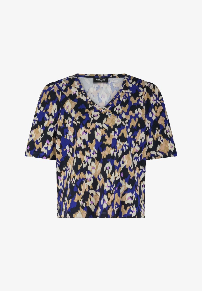 Korte mouwen V-hals blouse met abstract bloemenpatroon in blauwe, beige, zwarte en witte kleuren.