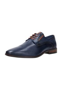 Marine leren jurk schoen met een gladde afwerking, voorzien van bruine accenten, ronde veters en geperforeerde mesh-details aan de zijkanten.
