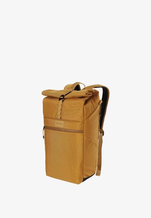 Sac à dos rectangulaire jaune moutarde à fermeture roulante, poche avant zippée, bretelles rembourrées et fermeture à boucle noire.