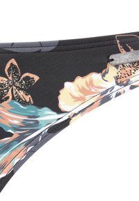 Črni bikini spodnji del z rožnatimi in valovitimi vzorci v pastelnih barvah. Narejen iz gladkega materiala z našitim robom in majhno kovinsko oznako.