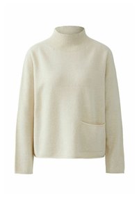 Cremefarbener Rollkragenpullover aus weichem Material, mit langen Ärmeln und einer Vordertasche, die ein einfaches Design und eine leichte Textur aufweist.