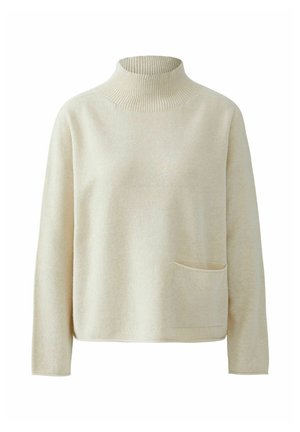 Cremefarbener Rollkragenpullover aus weichem Material, mit langen Ärmeln und einer Vordertasche, die ein einfaches Design und eine leichte Textur aufweist.