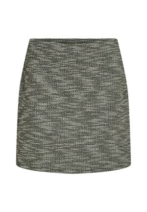 Mini falda de textura en blanco y negro con corte recto, que presenta un sutil patrón textil y una superficie suave. Sin herrajes visibles.