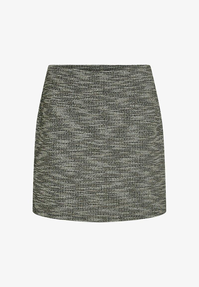 Mini falda de textura en blanco y negro con corte recto, que presenta un sutil patrón textil y una superficie suave. Sin herrajes visibles.