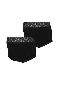 Sous-vêtements en coton noir présentant une taille en dentelle avec des motifs floraux. Le design inclut une coupe haute et des bords lisses pour un confort optimal.