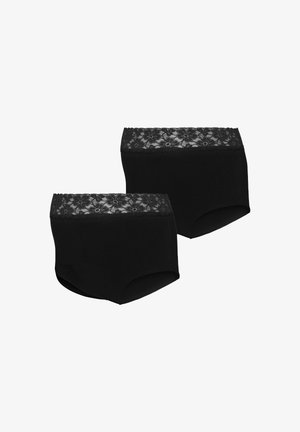 Black cotton underwear featuring a lace waistband with floral patterns. The design includes a high-rise cut and smooth edges for comfort.