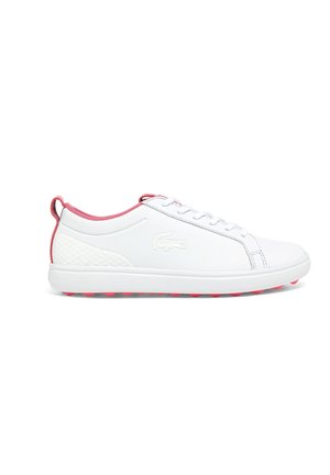 White low-top sneaker with pink inner lining, textured heel, lace-up front, and small embossed crocodile logo on the side.